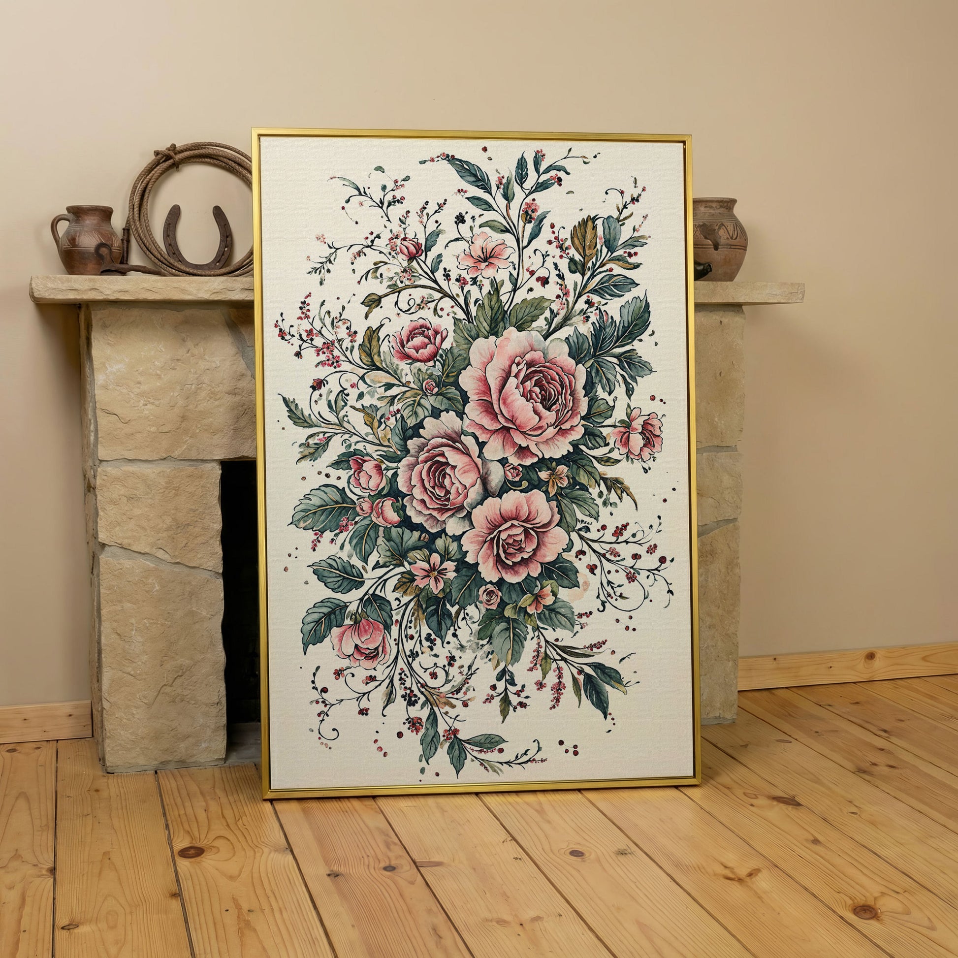 Pink Roses with Green Foliage Canvas in yellow gold floating frame
