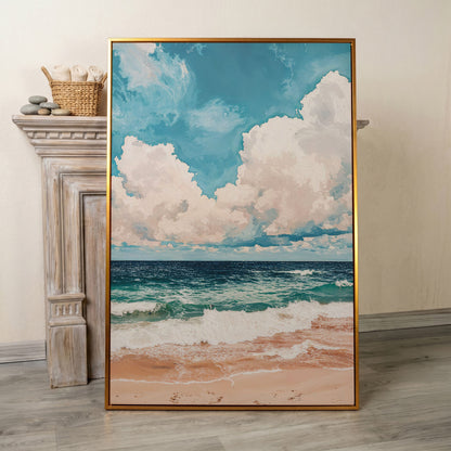 Coastal Shore Canvas with Soft Horizon in Teal in antique gold floating frame