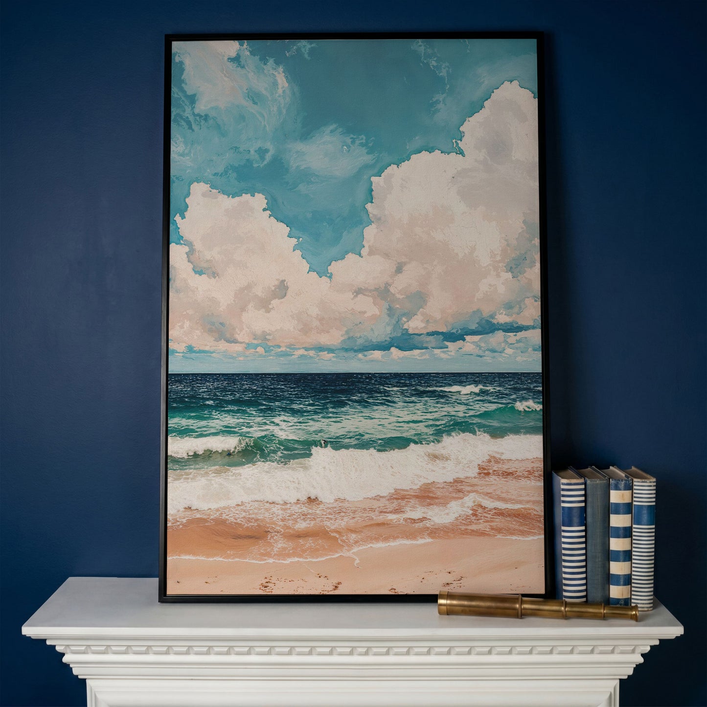 Coastal Shore Canvas with Soft Horizon in Teal in black floating frame