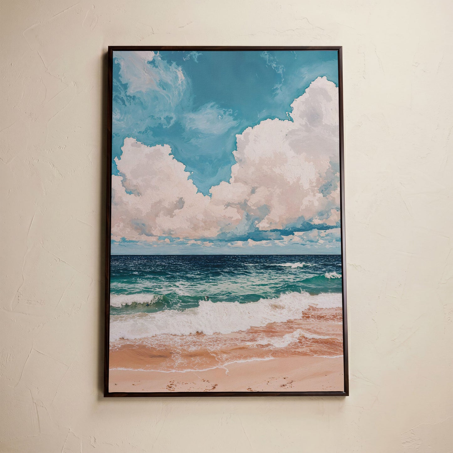 Coastal Shore Canvas with Soft Horizon in Teal in dark walnut floating frame