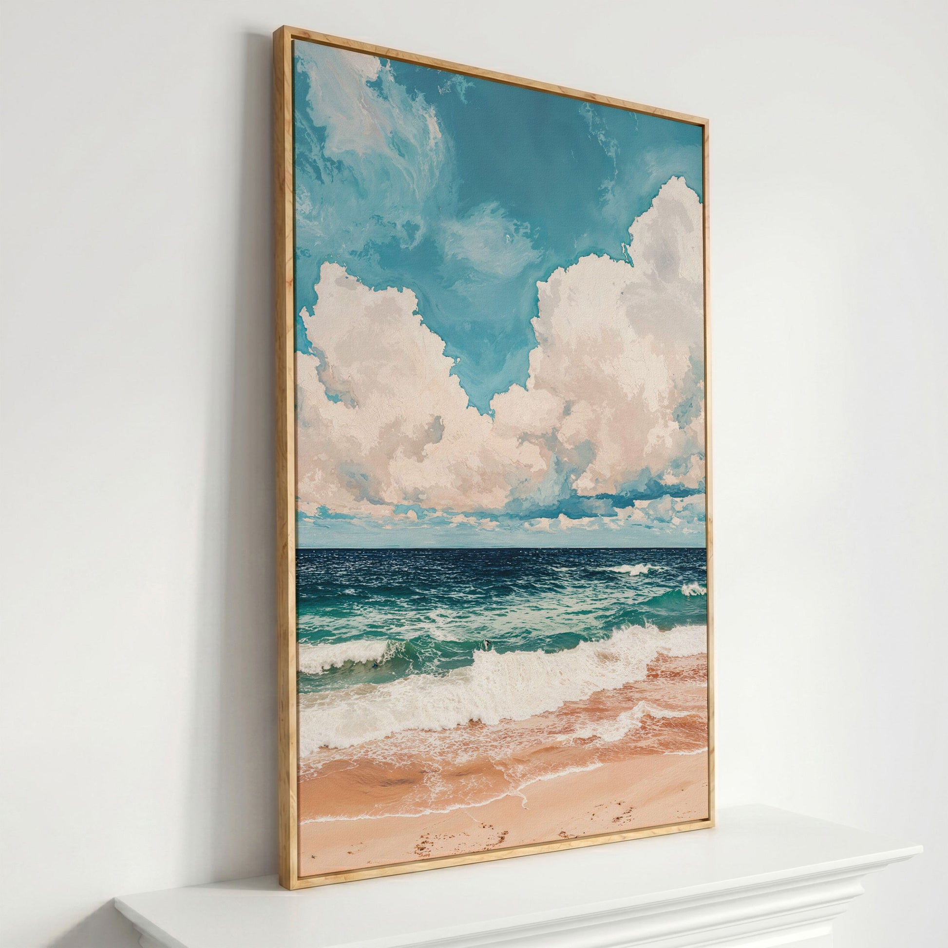 Coastal Shore Canvas with Soft Horizon in Teal in white oak floating frame
