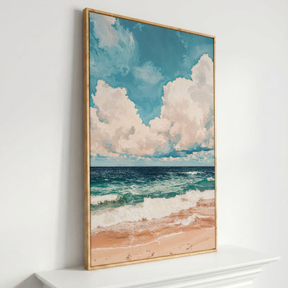 Coastal Shore Canvas with Soft Horizon in Teal in white oak floating frame