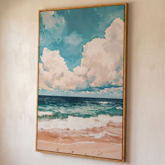 Coastal Shore Canvas with Soft Horizon in Teal shown in white oak floating frame