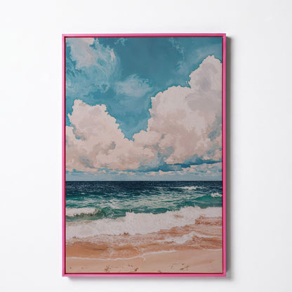 Coastal Shore Canvas with Soft Horizon in Teal in pink floating frame
