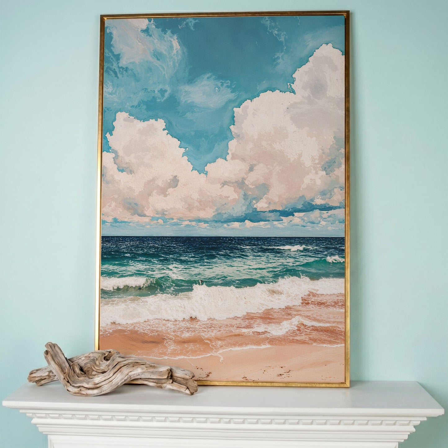 Coastal Shore Canvas with Soft Horizon in Teal in rose gold floating frame