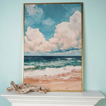 Coastal Shore Canvas with Soft Horizon in Teal in rose gold floating frame