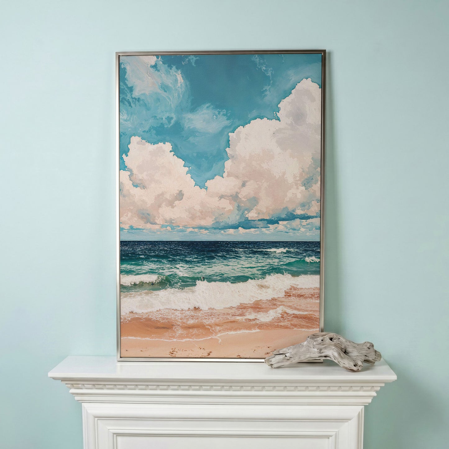 Coastal Shore Canvas with Soft Horizon in Teal in silver floating frame