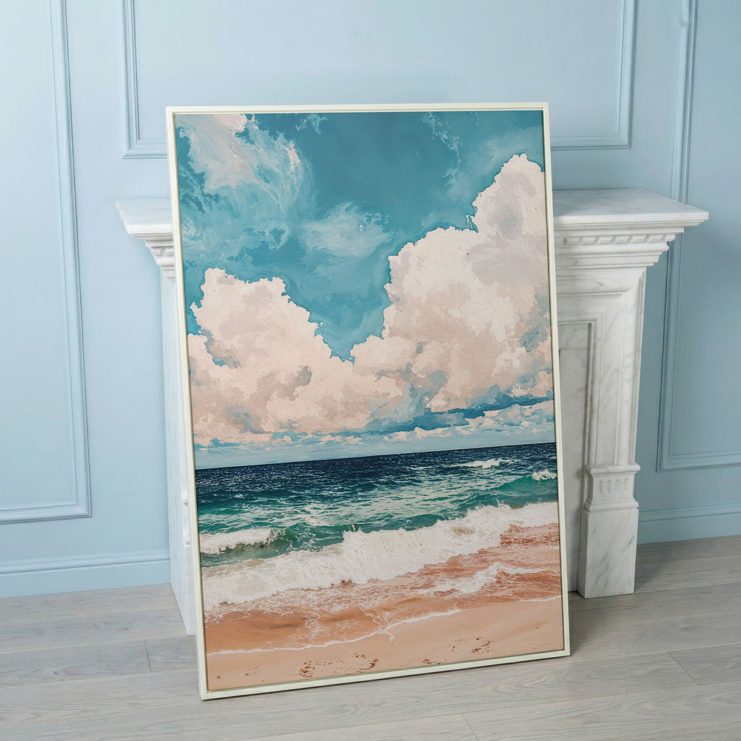 Coastal Shore Canvas with Soft Horizon in Teal in white floating frame