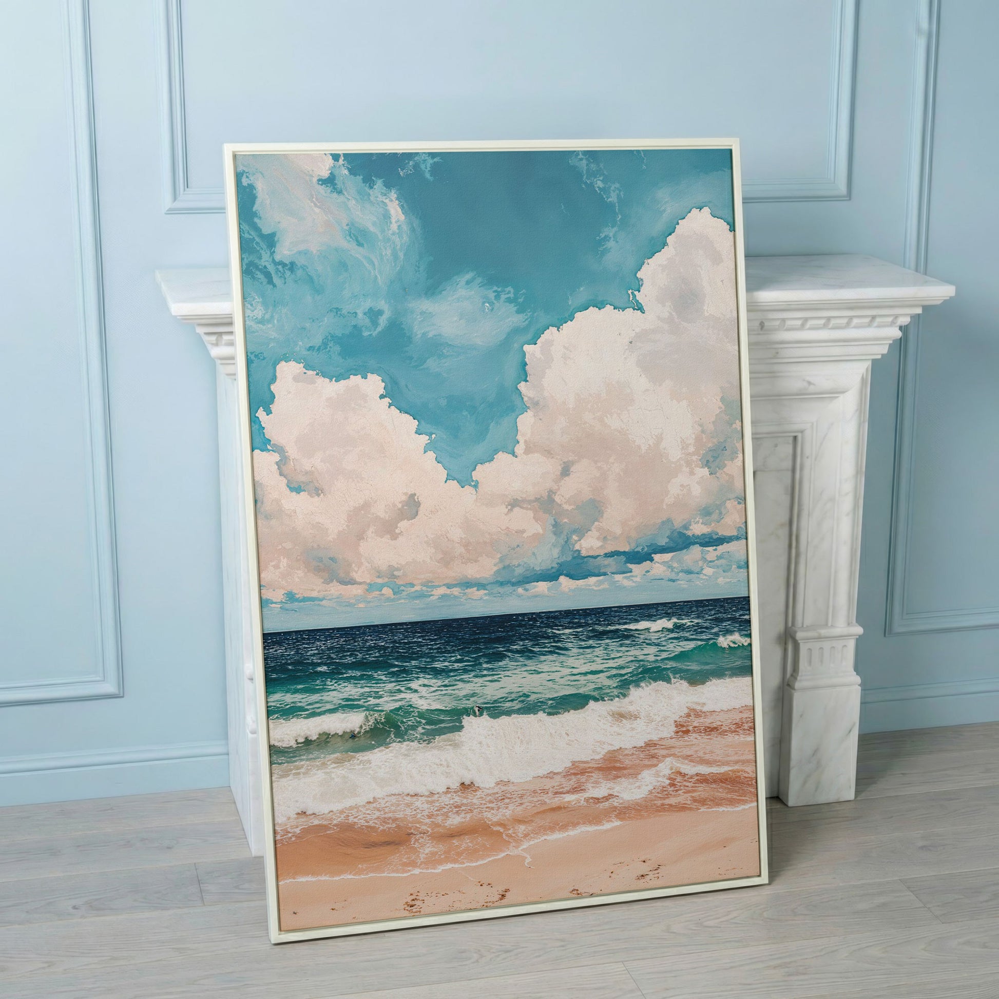 Coastal Shore Canvas with Soft Horizon in Teal in white floating frame