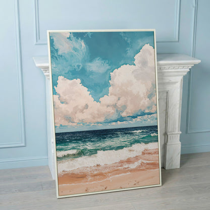 Coastal Shore Canvas with Soft Horizon in Teal in white floating frame