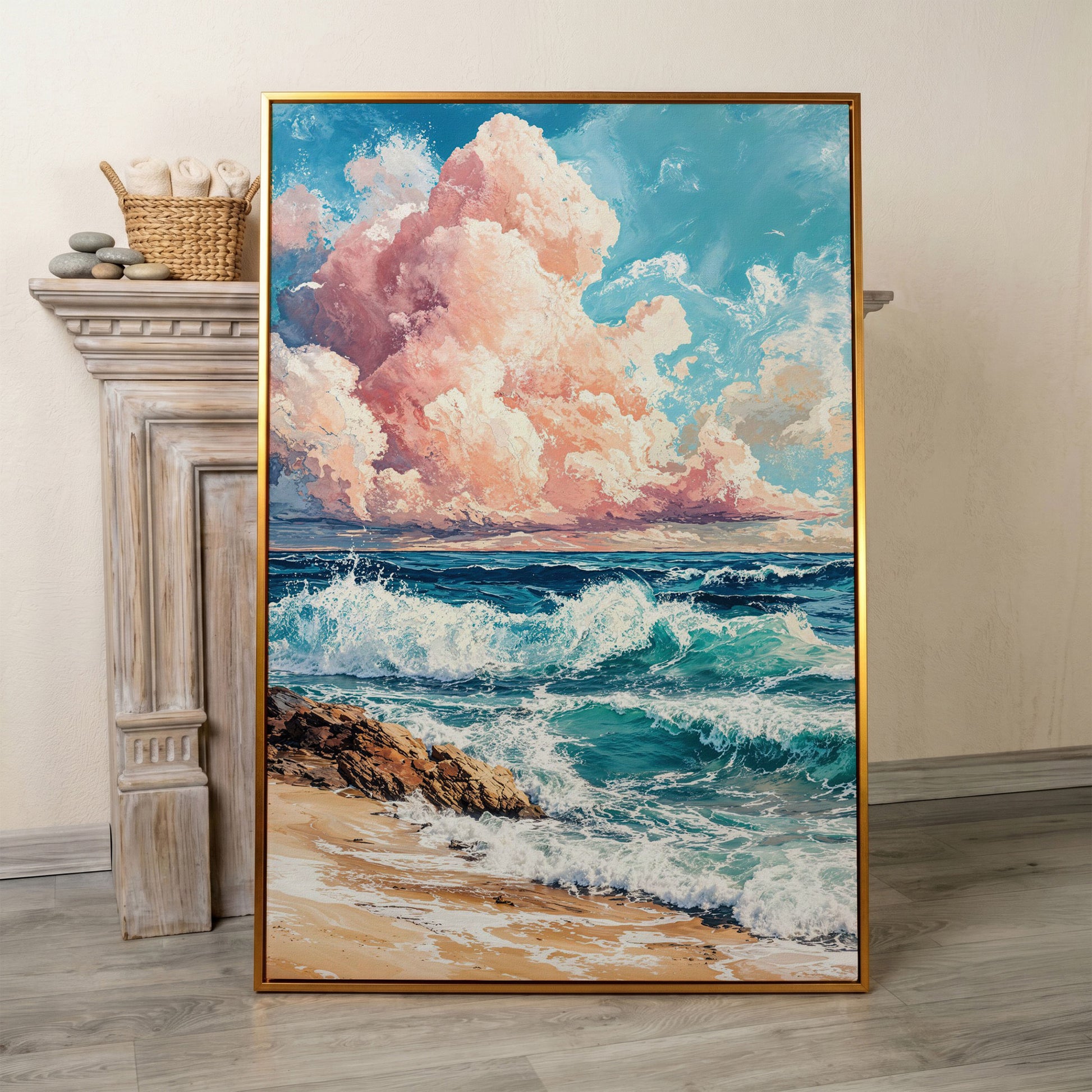 Coastal Seascape with Turquoise Waves and Pink Sky Canvas in antique gold floating frame