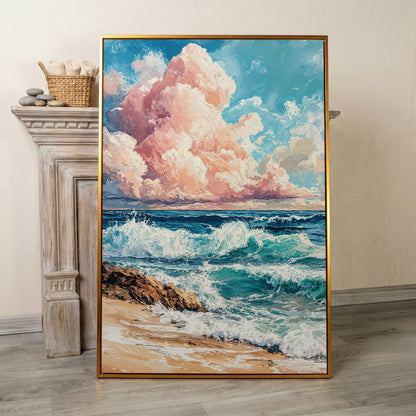 Coastal Seascape with Turquoise Waves and Pink Sky Canvas in antique gold floating frame