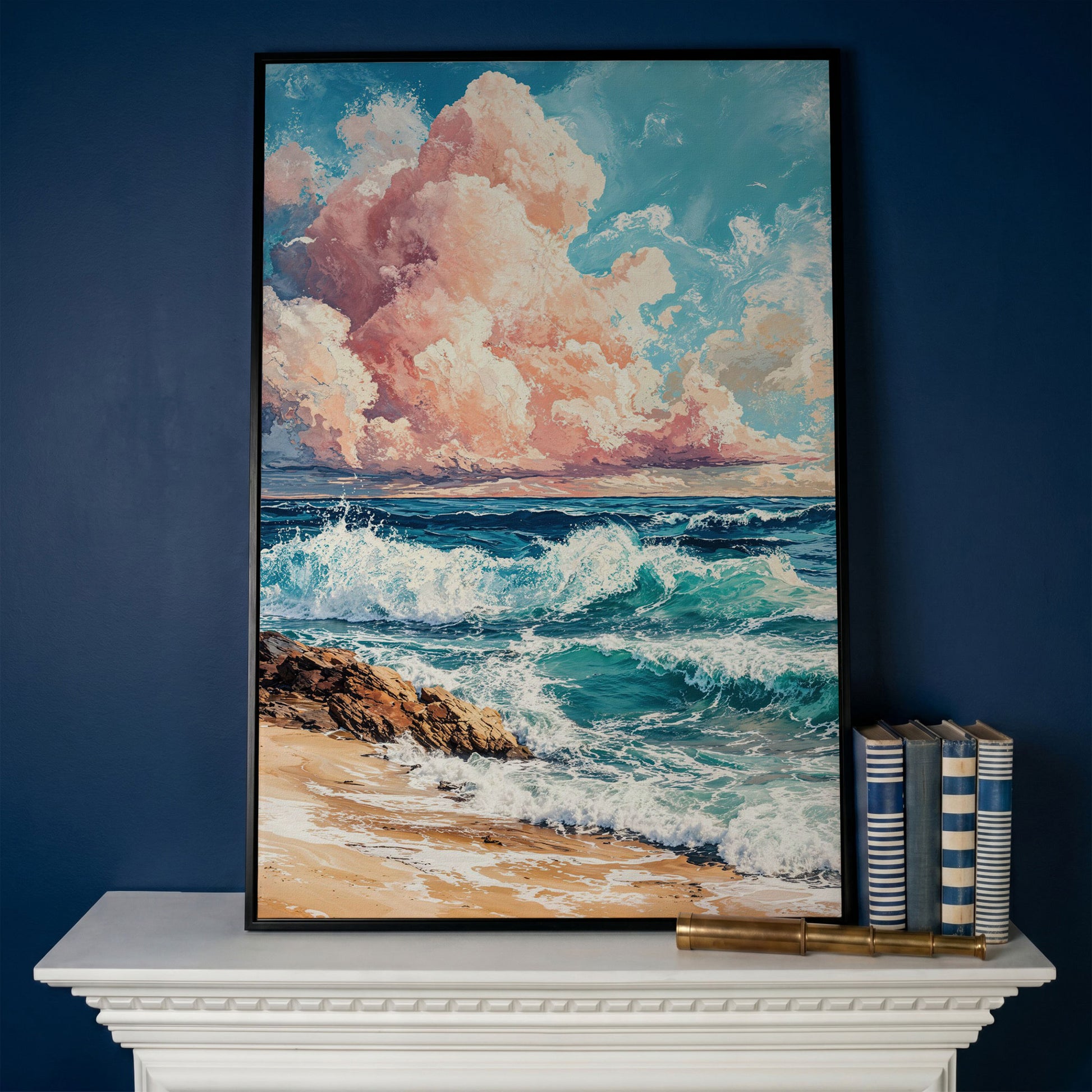 Coastal Seascape with Turquoise Waves and Pink Sky Canvas in black floating frame