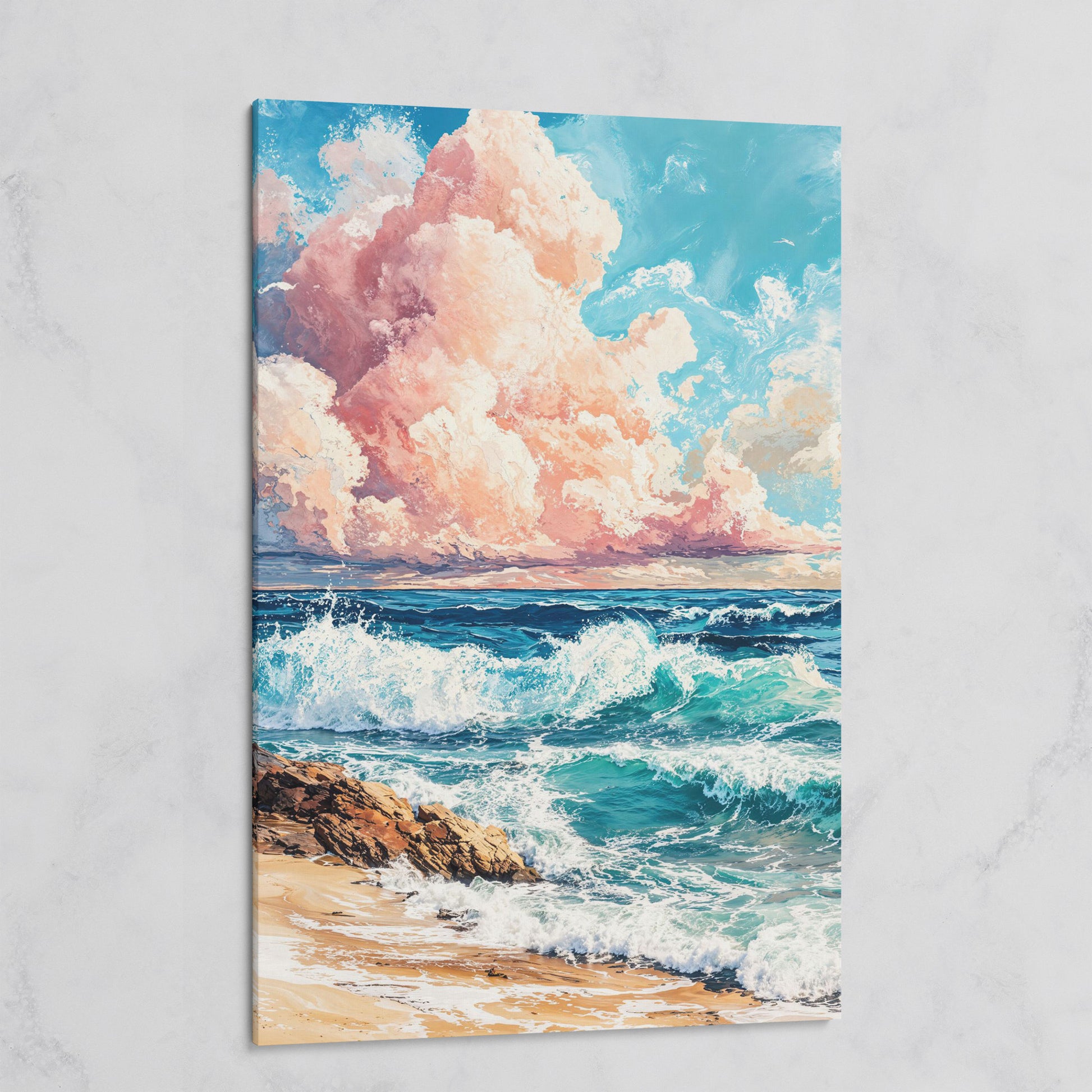 Coastal Seascape with Turquoise Waves and Pink Sky Canvas on gallery wrap