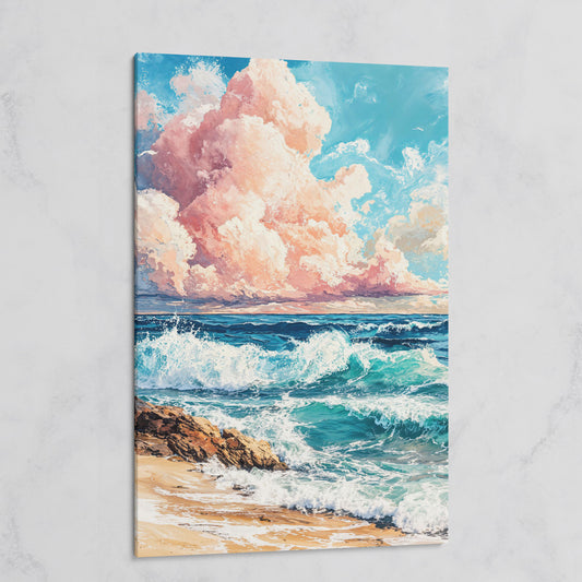 Coastal Seascape with Turquoise Waves and Pink Sky Canvas on gallery wrap