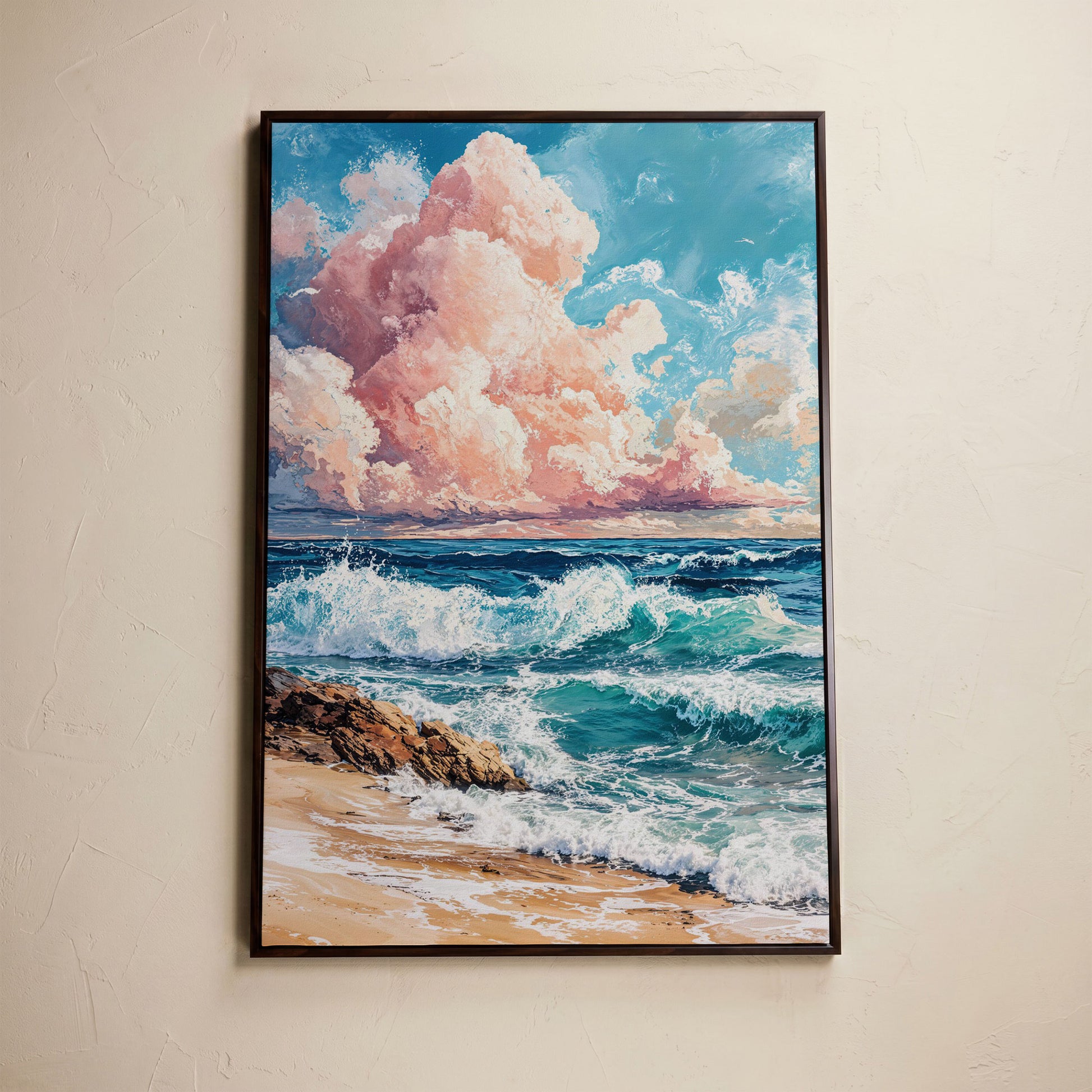 Coastal Seascape with Turquoise Waves and Pink Sky Canvas in dark walnut floating frame