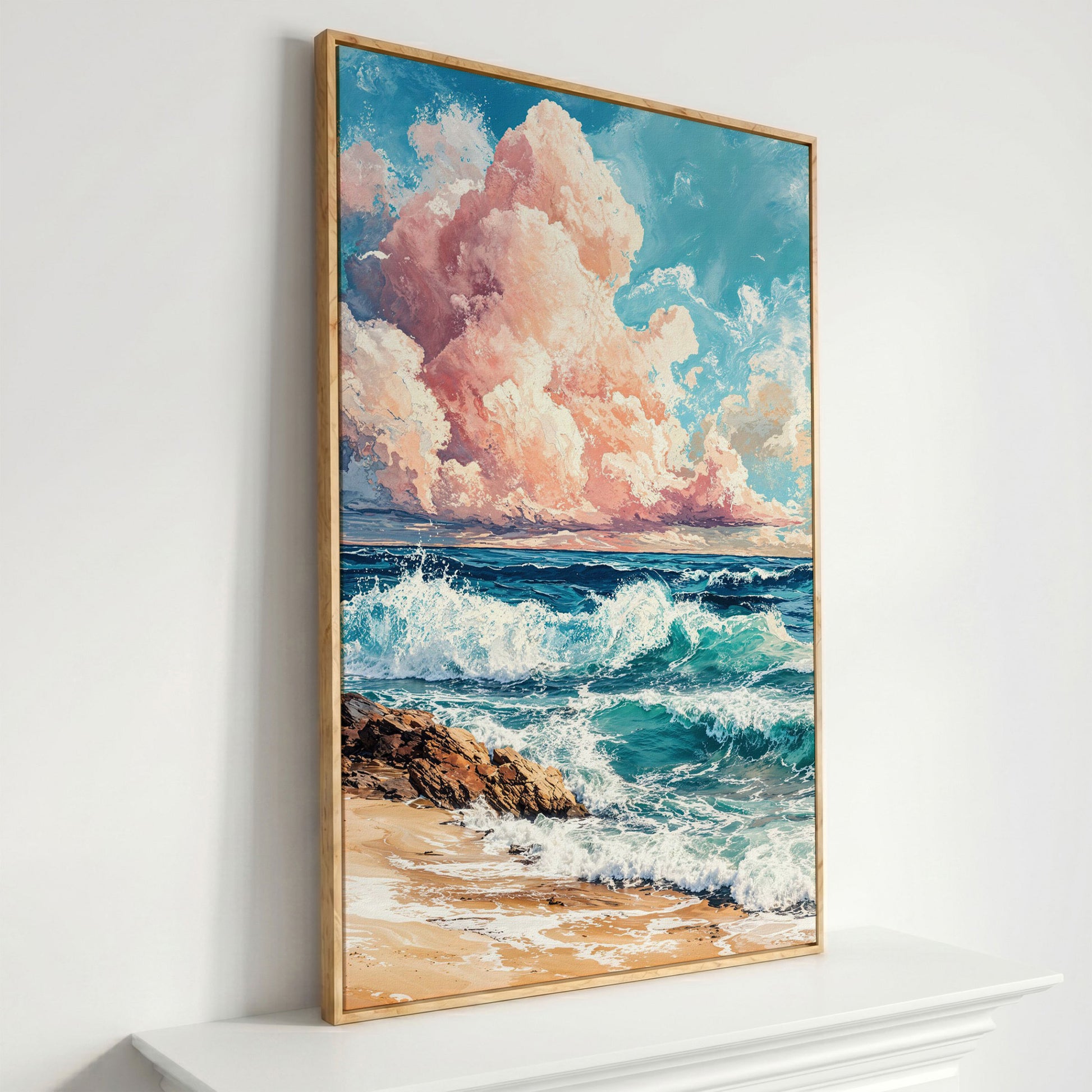Coastal Seascape with Turquoise Waves and Pink Sky Canvas in white oak floating frame