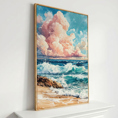 Coastal Seascape with Turquoise Waves and Pink Sky Canvas in white oak floating frame