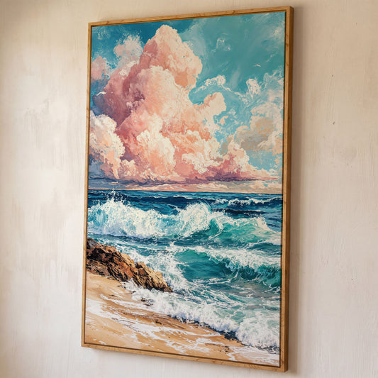 Coastal Seascape with Turquoise Waves and Pink Sky Canvas shown in white oak floating frame