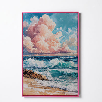 Coastal Seascape with Turquoise Waves and Pink Sky Canvas in pink floating frame