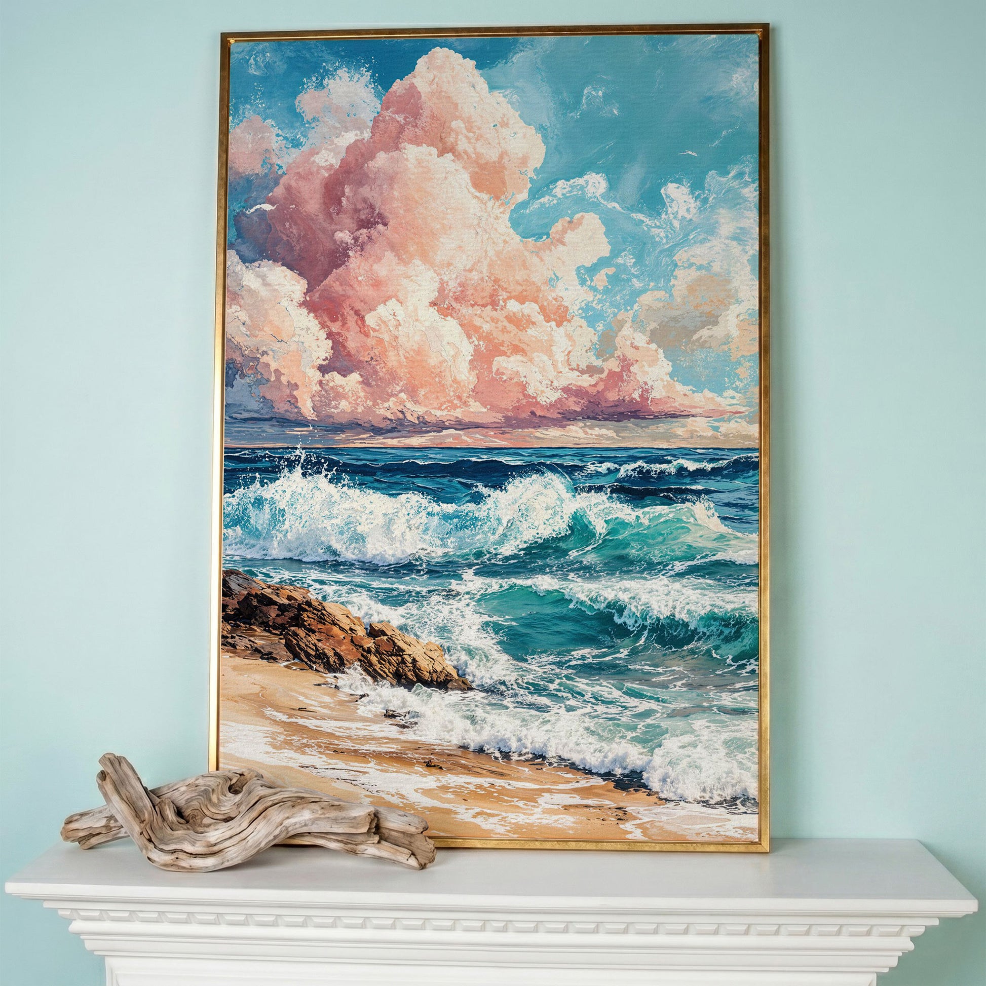 Coastal Seascape with Turquoise Waves and Pink Sky Canvas in rose gold floating frame