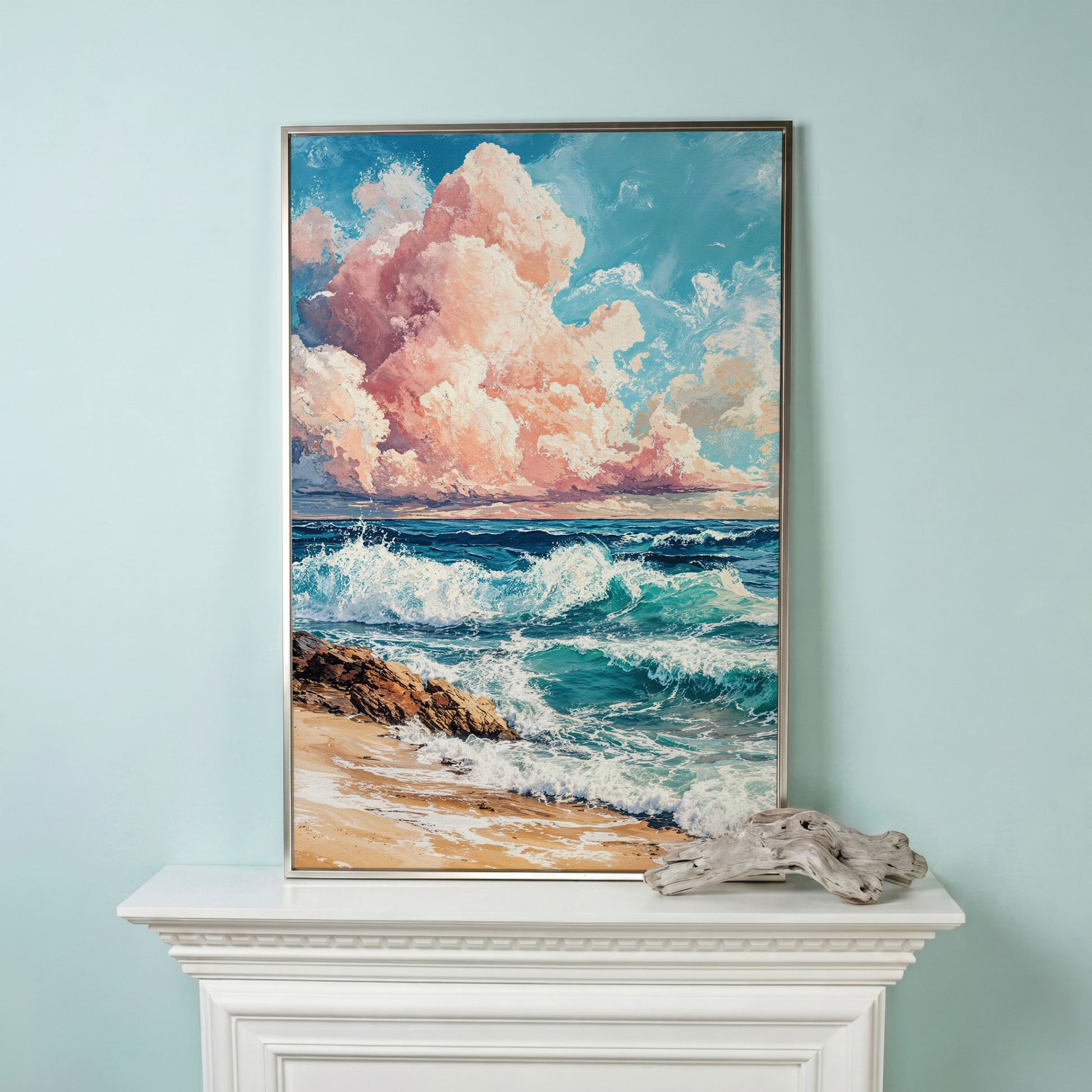 Coastal Seascape with Turquoise Waves and Pink Sky Canvas in silver floating frame