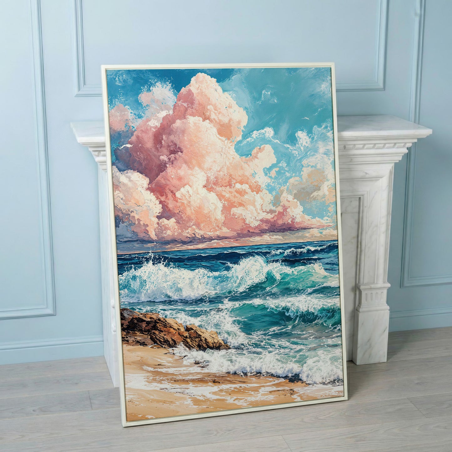 Coastal Seascape with Turquoise Waves and Pink Sky Canvas in white floating frame