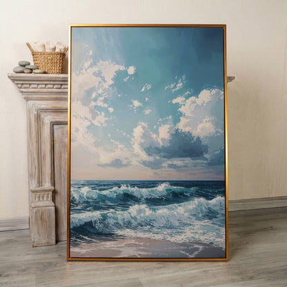 Serene Ocean Waves Canvas Print in antique gold floating frame