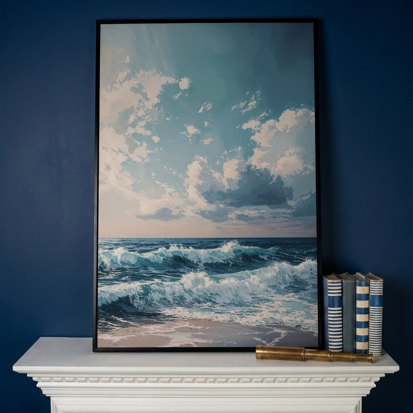Serene Ocean Waves Canvas Print in black floating frame