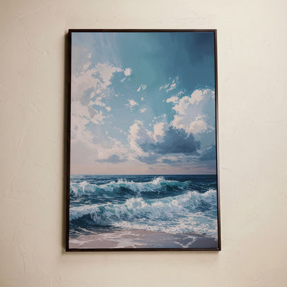 Serene Ocean Waves Canvas Print in dark walnut floating frame
