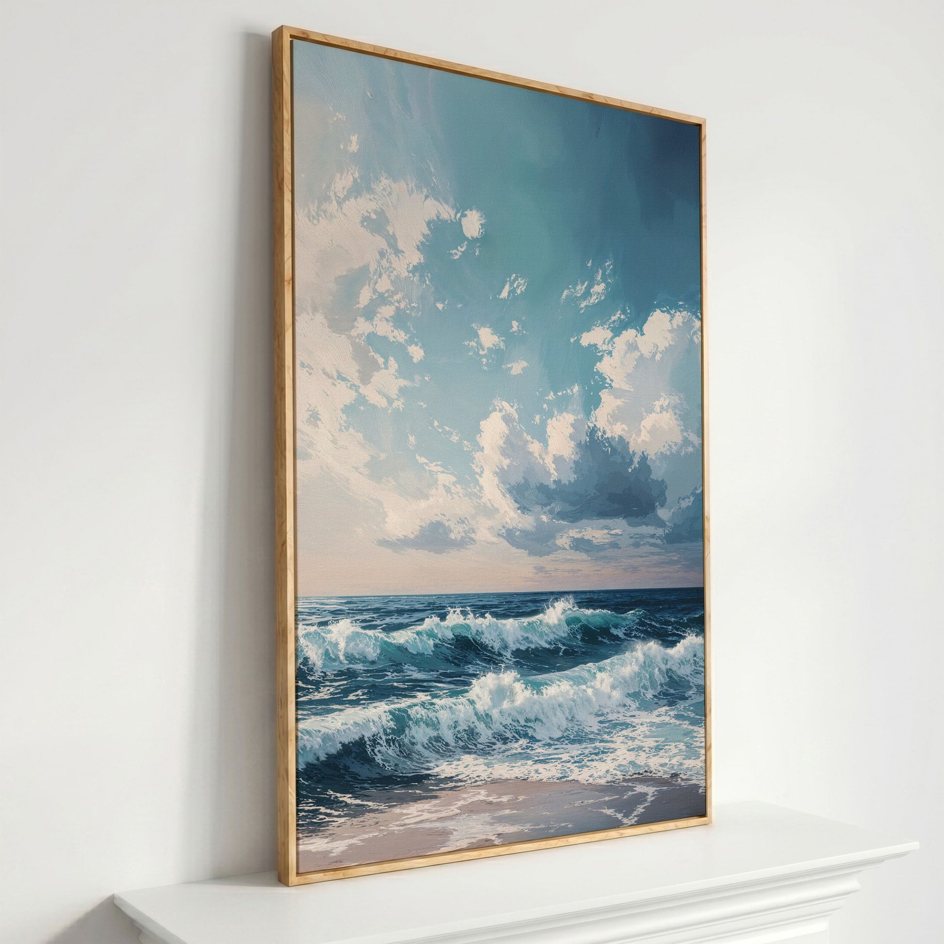 Serene Ocean Waves Canvas Print in white oak floating frame