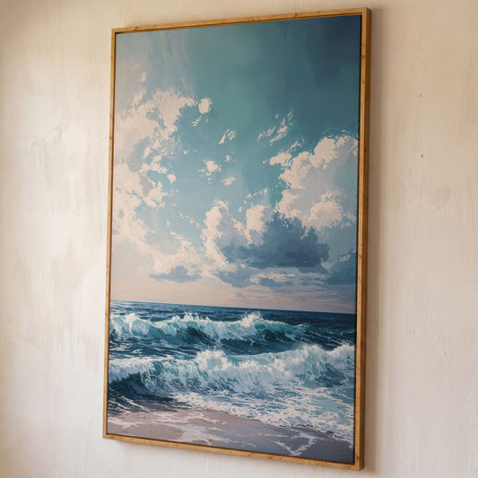 Serene Ocean Waves Canvas Print shown in white oak floating frame