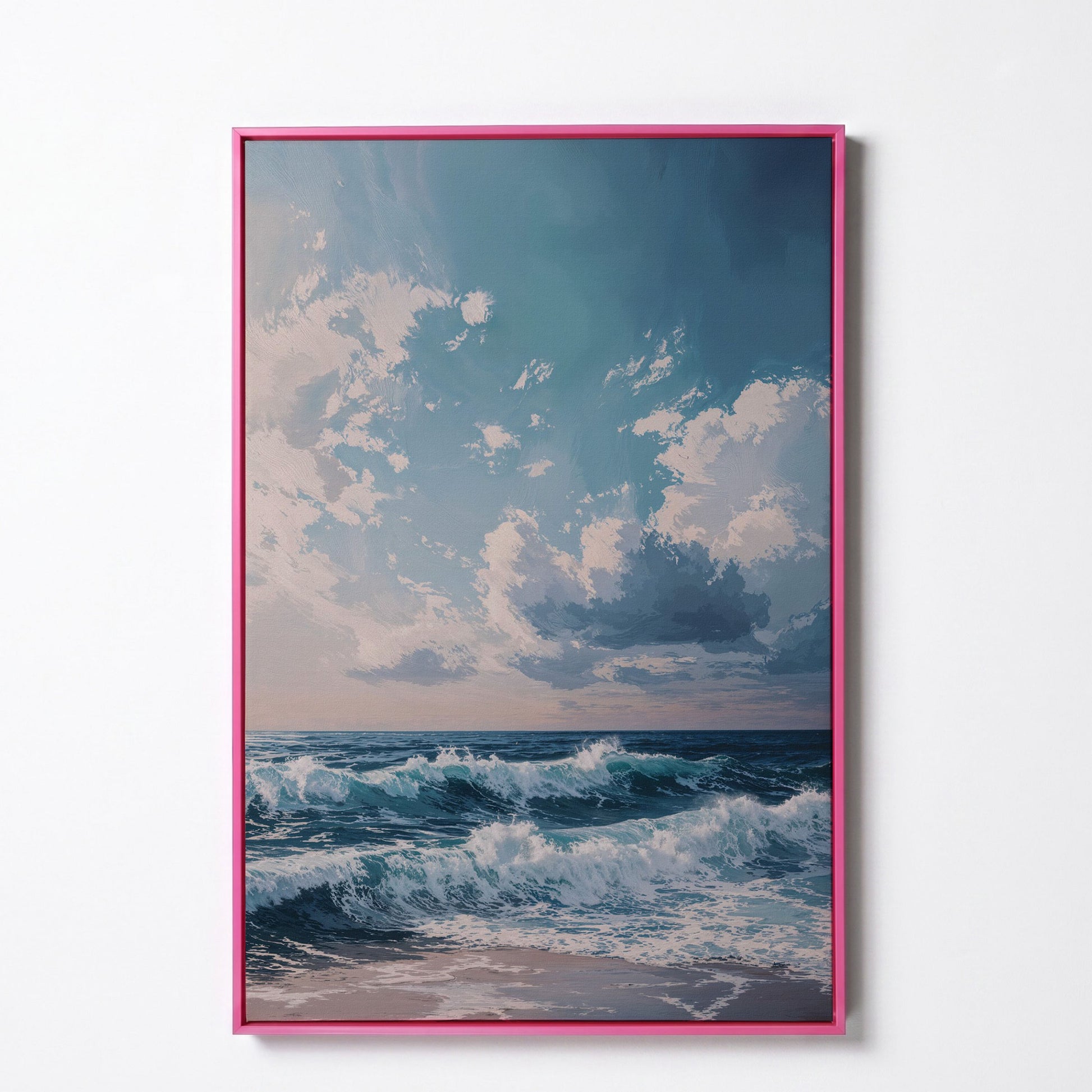 Serene Ocean Waves Canvas Print in pink floating frame