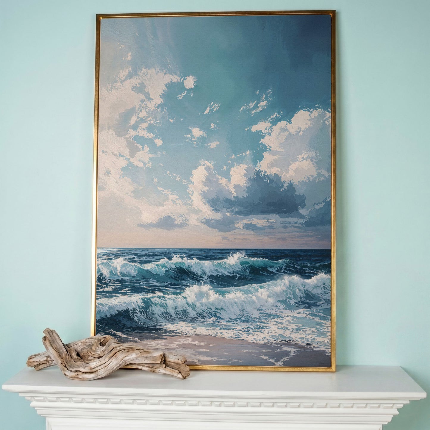 Serene Ocean Waves Canvas Print in rose gold floating frame