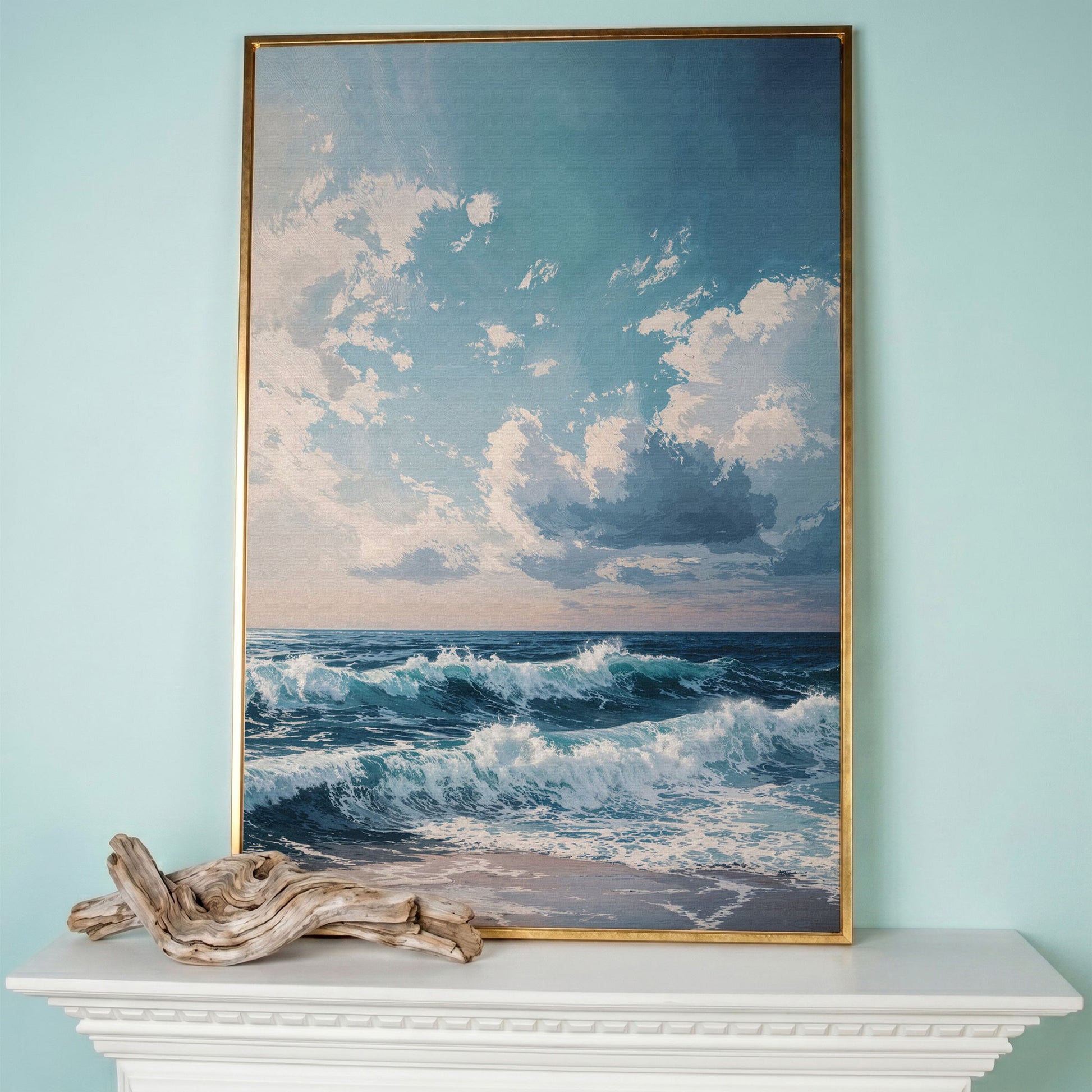 Serene Ocean Waves Canvas Print in rose gold floating frame