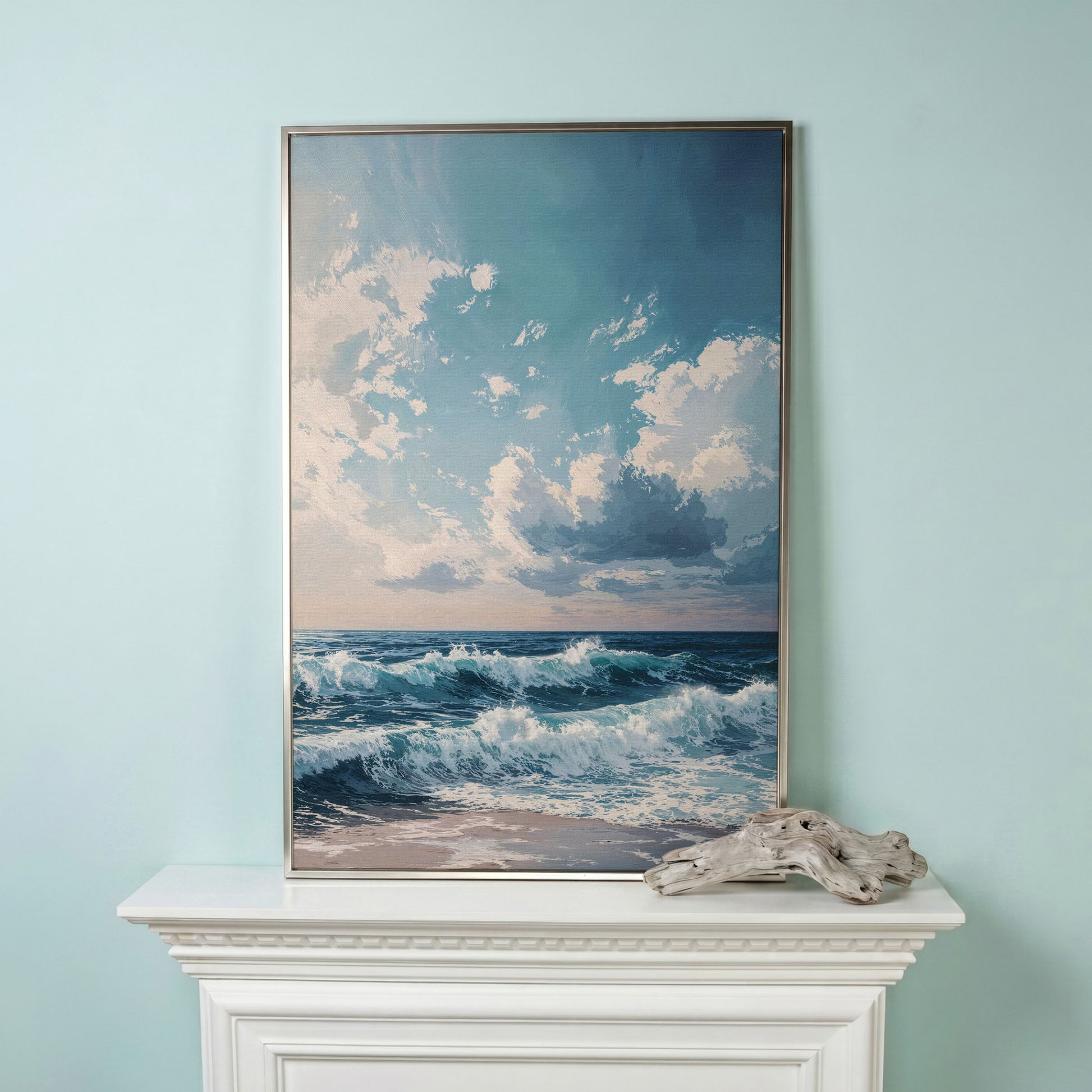 Serene Ocean Waves Canvas Print in silver floating frame