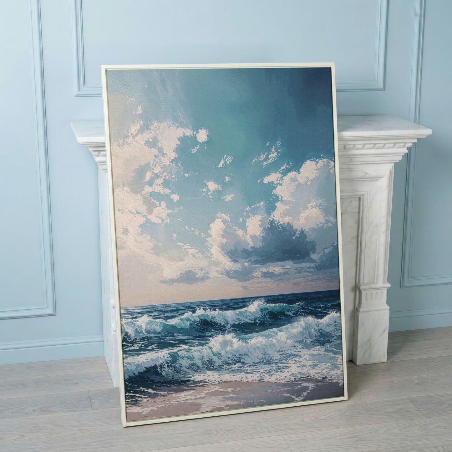 Serene Ocean Waves Canvas Print in white floating frame
