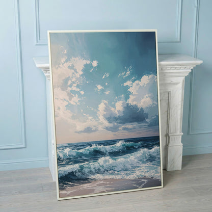 Serene Ocean Waves Canvas Print in white floating frame