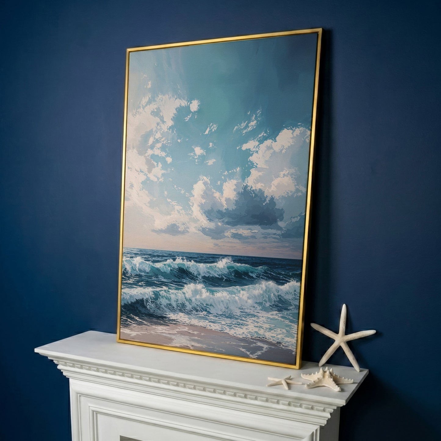Serene Ocean Waves Canvas Print in yellow gold floating frame