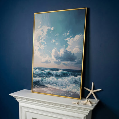 Serene Ocean Waves Canvas Print in yellow gold floating frame