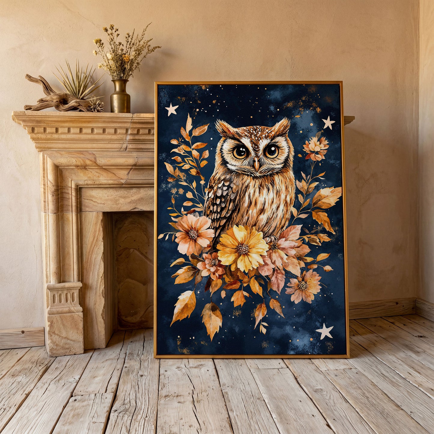 Barn Owl with Autumn Florals Canvas in antique gold floating frame