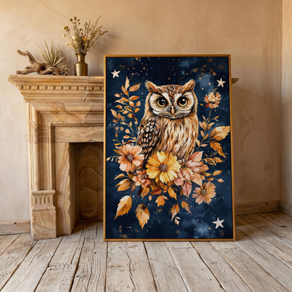 Barn Owl with Autumn Florals Canvas in antique gold floating frame