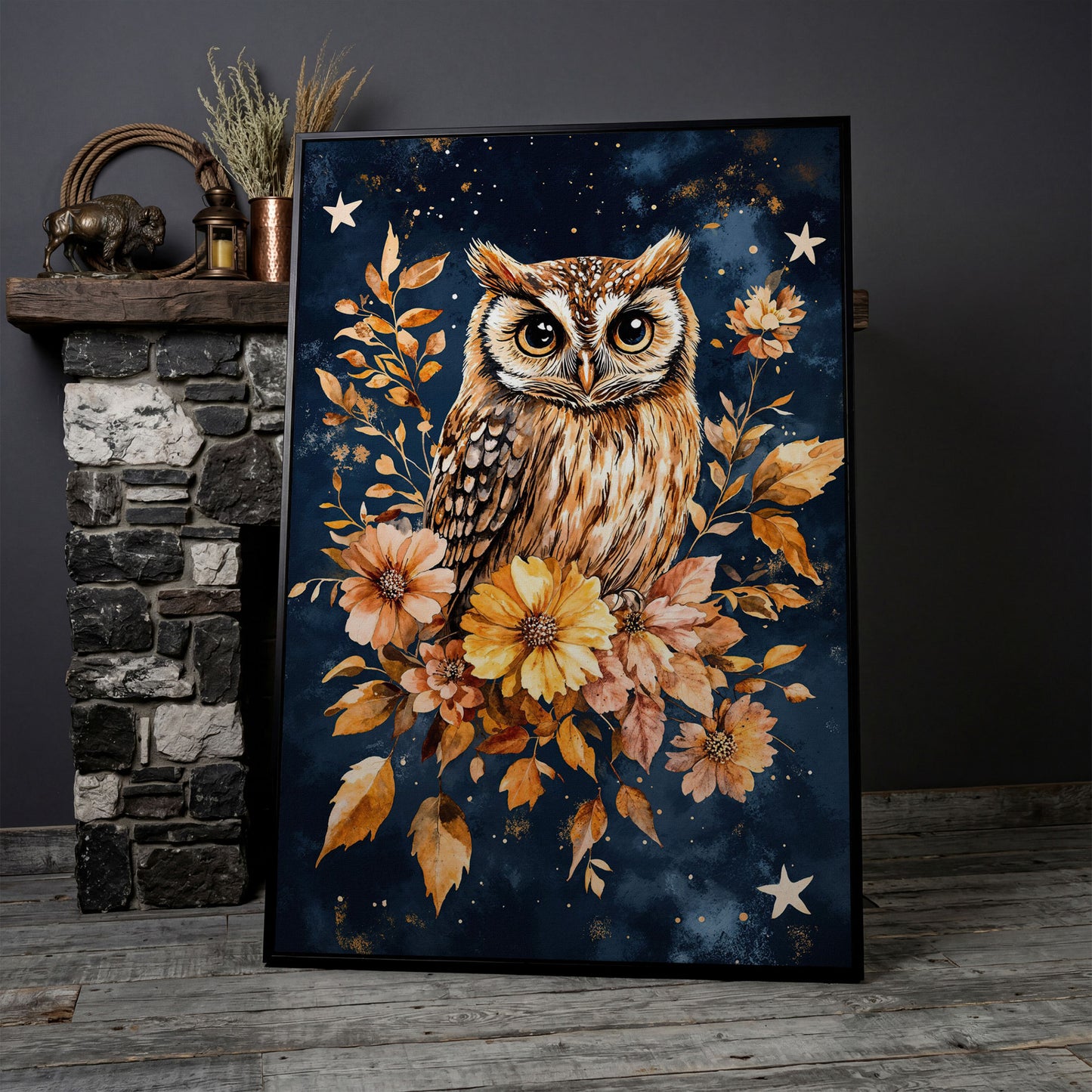 Barn Owl with Autumn Florals Canvas in black floating frame