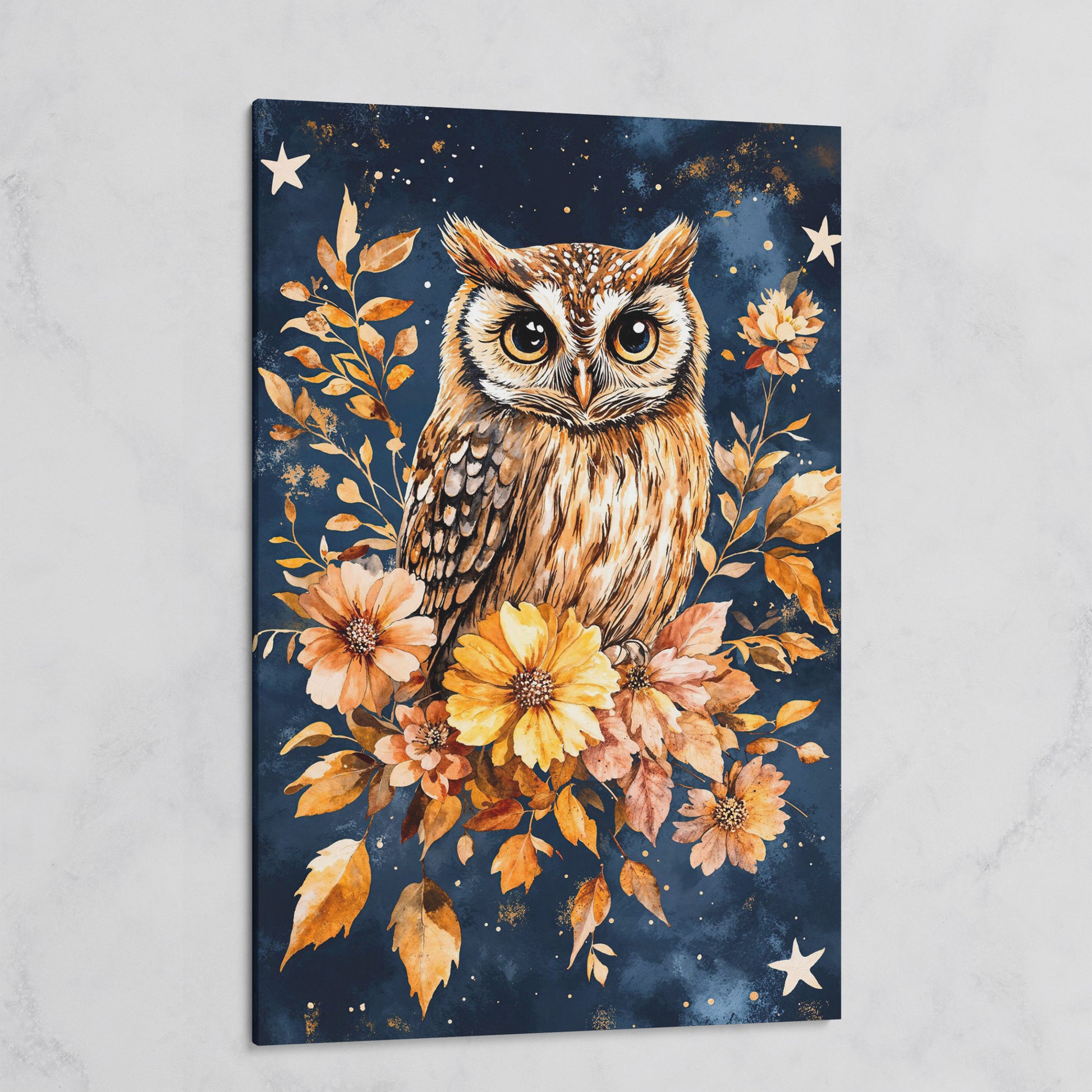 Barn Owl with Autumn Florals Canvas on gallery wrap