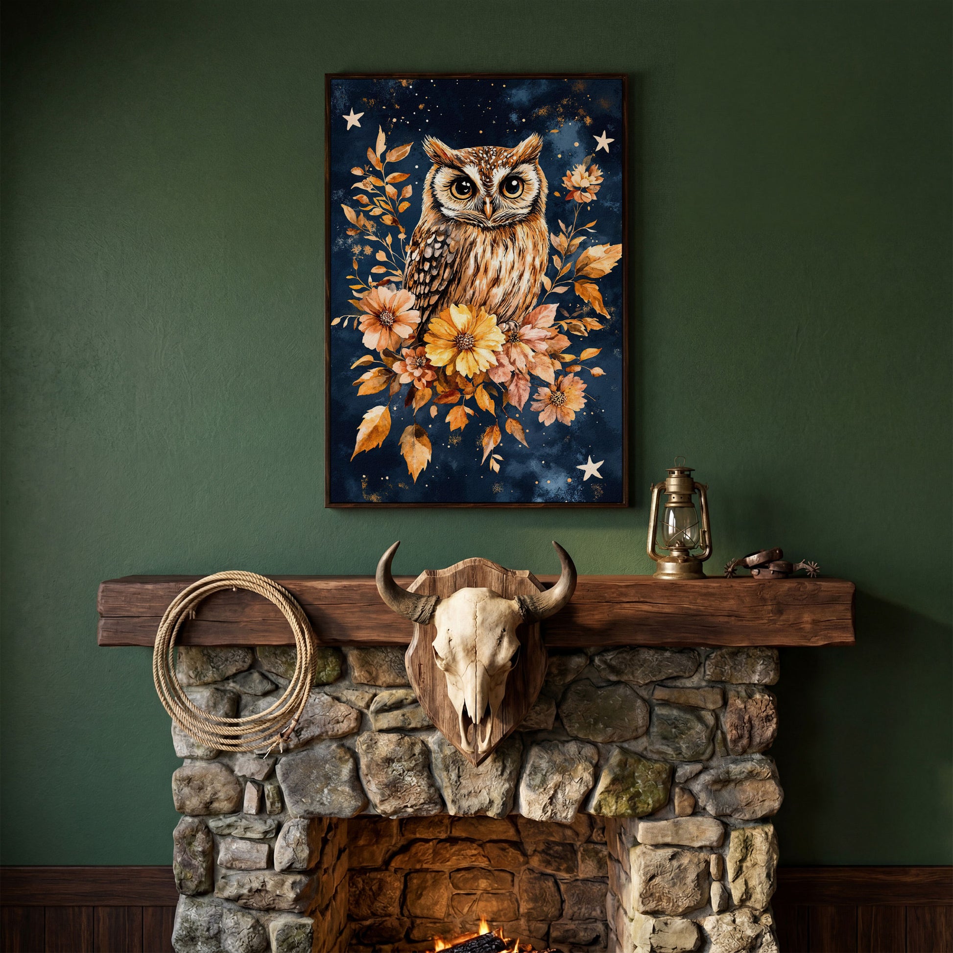 Barn Owl with Autumn Florals Canvas in dark walnut floating frame