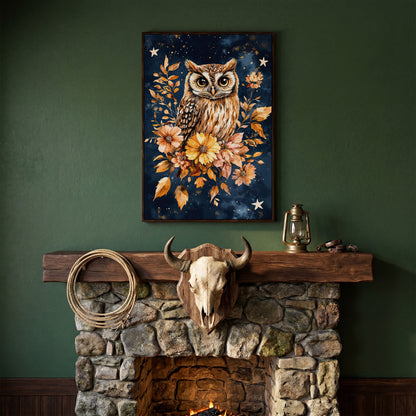 Barn Owl with Autumn Florals Canvas in dark walnut floating frame