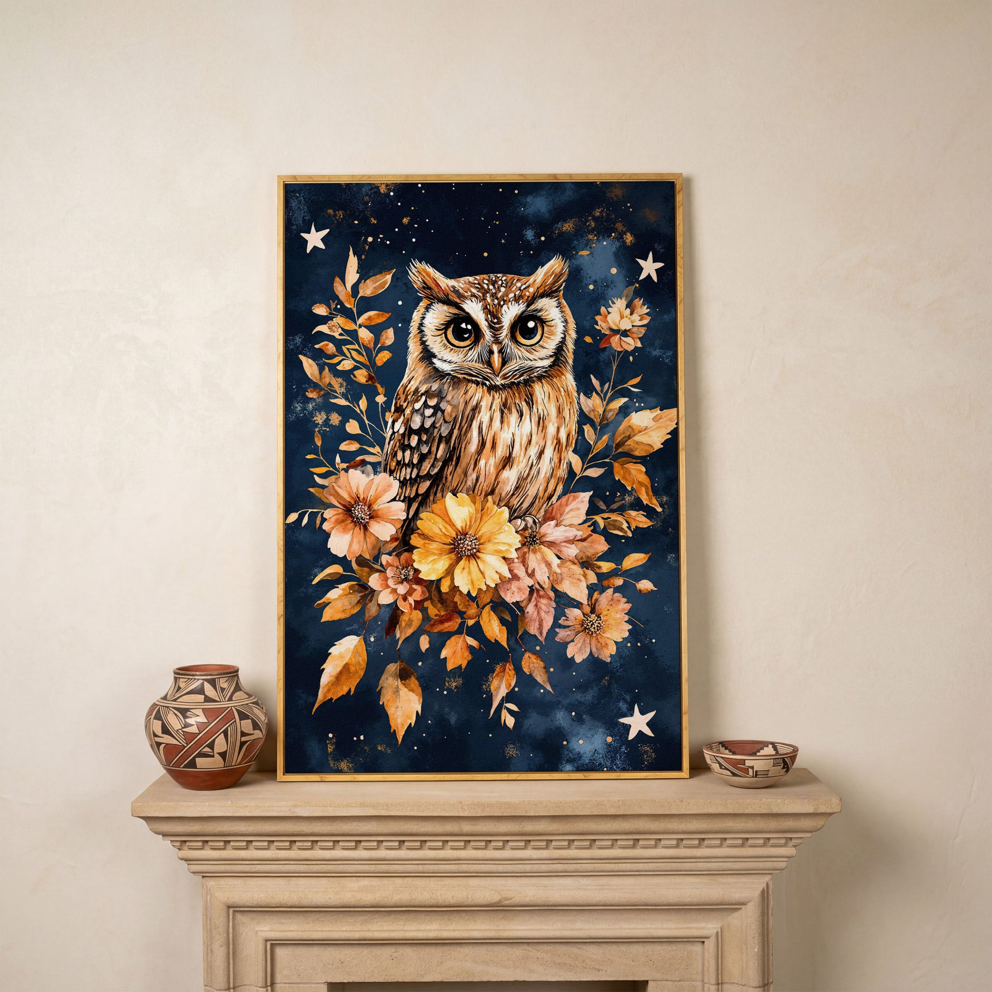 Barn Owl with Autumn Florals Canvas in white oak floating frame