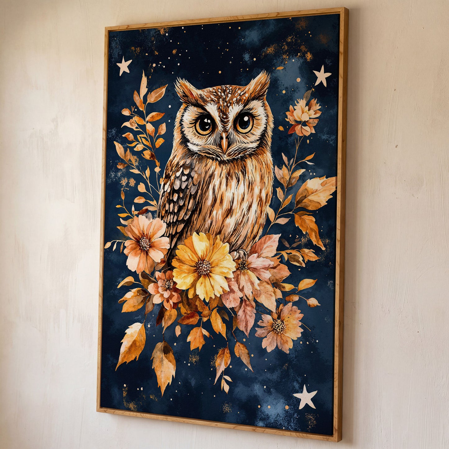 Barn Owl with Autumn Florals Canvas shown in white oak floating frame
