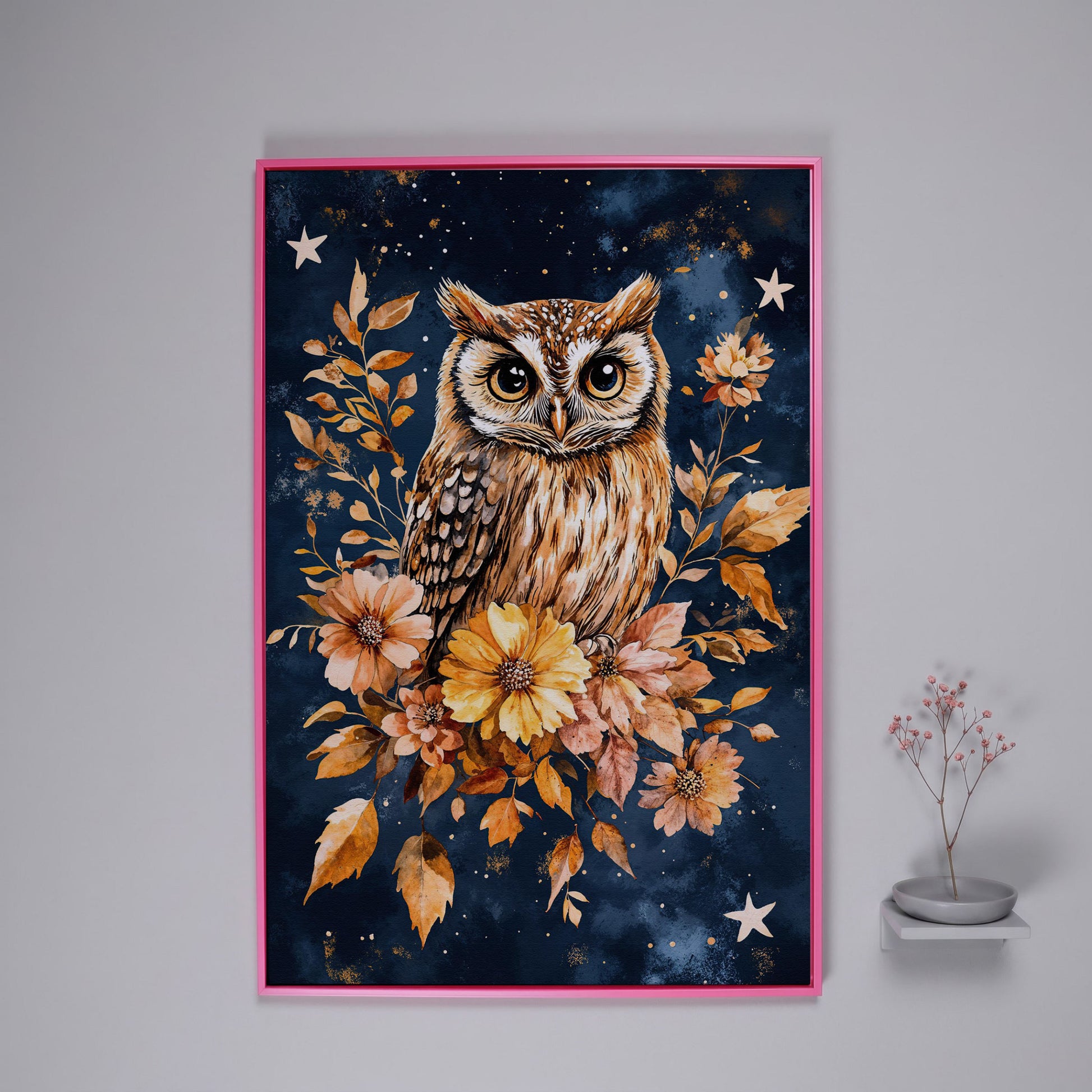 Barn Owl with Autumn Florals Canvas in pink floating frame