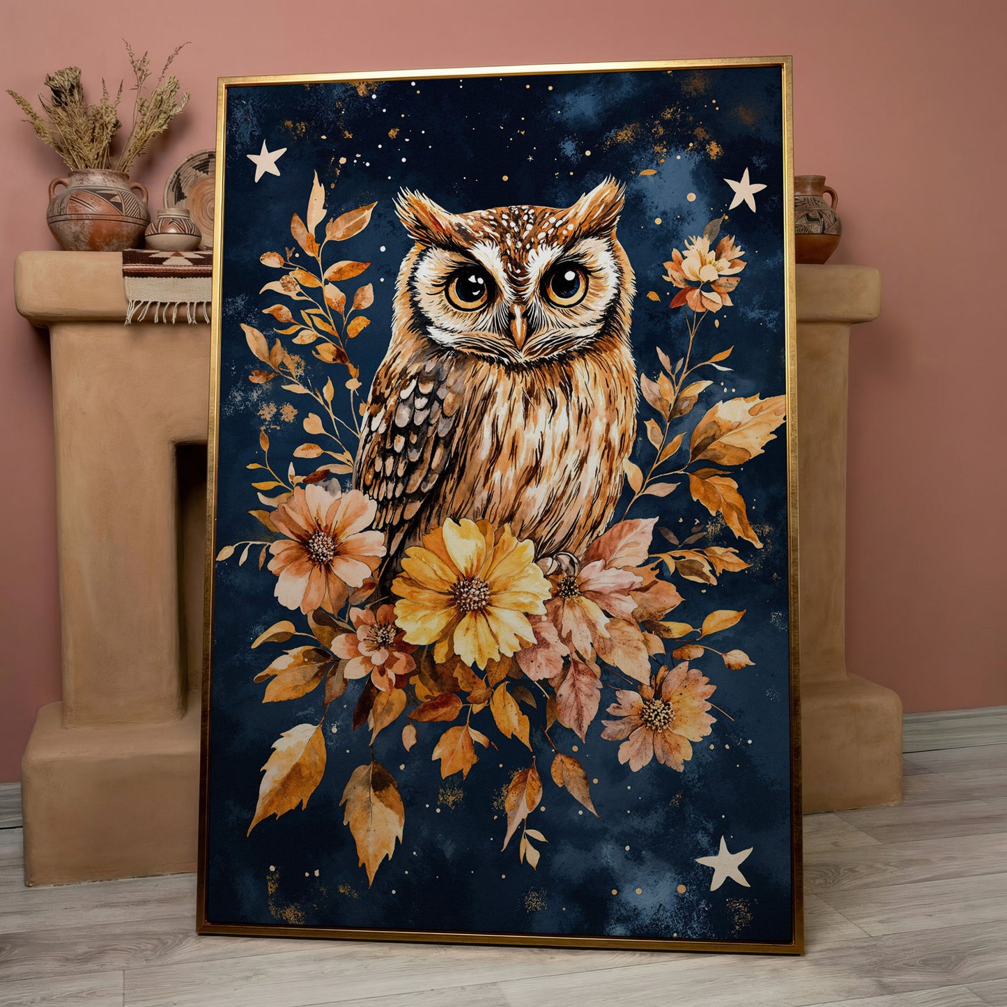 Barn Owl with Autumn Florals Canvas in rose gold floating frame